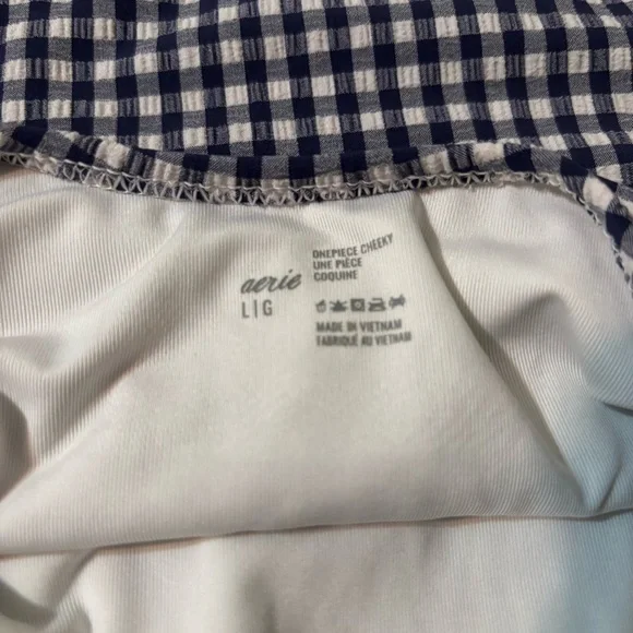 Aerie Navy Blue and White Gingham Striped Seersucker One-Piece Swimsuit Size L - Picture 8 of 15